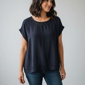 LOFT Black Eyelet Short Sleeve Blouse Medium